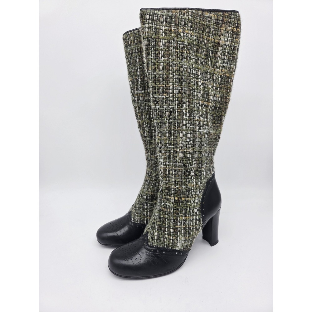Steven Steve Madden Vintage Style Tweed Knee High Boots Green Brown Cap Toe 38.5